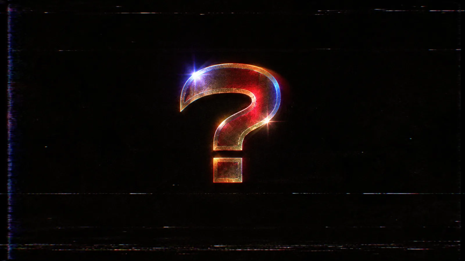 Teaser art for an unannounced slot game: a glowing question mark on a dark, glitched background.