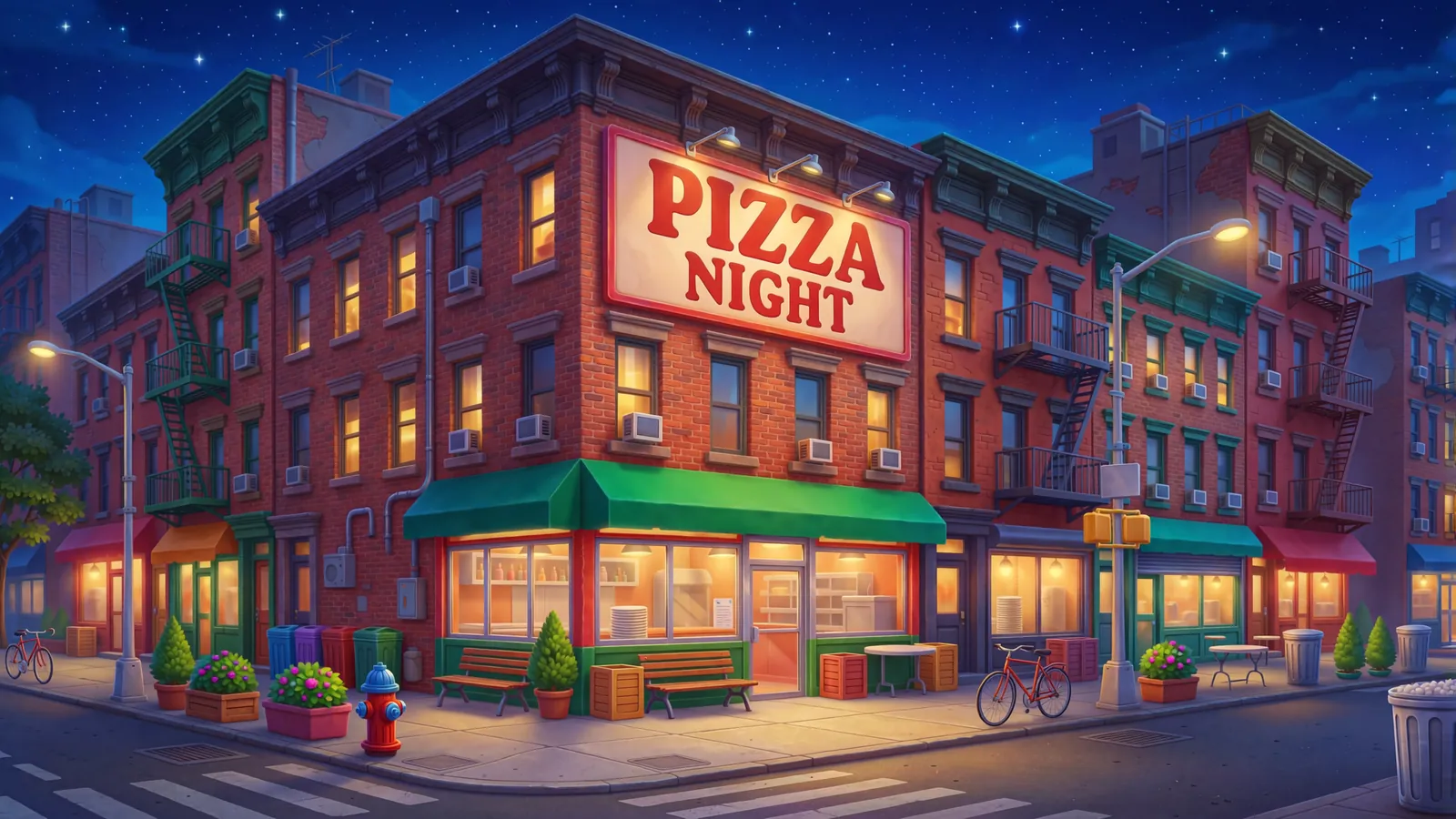 Key art for Pizza Night: a lit corner pizzeria on a New York street at night.